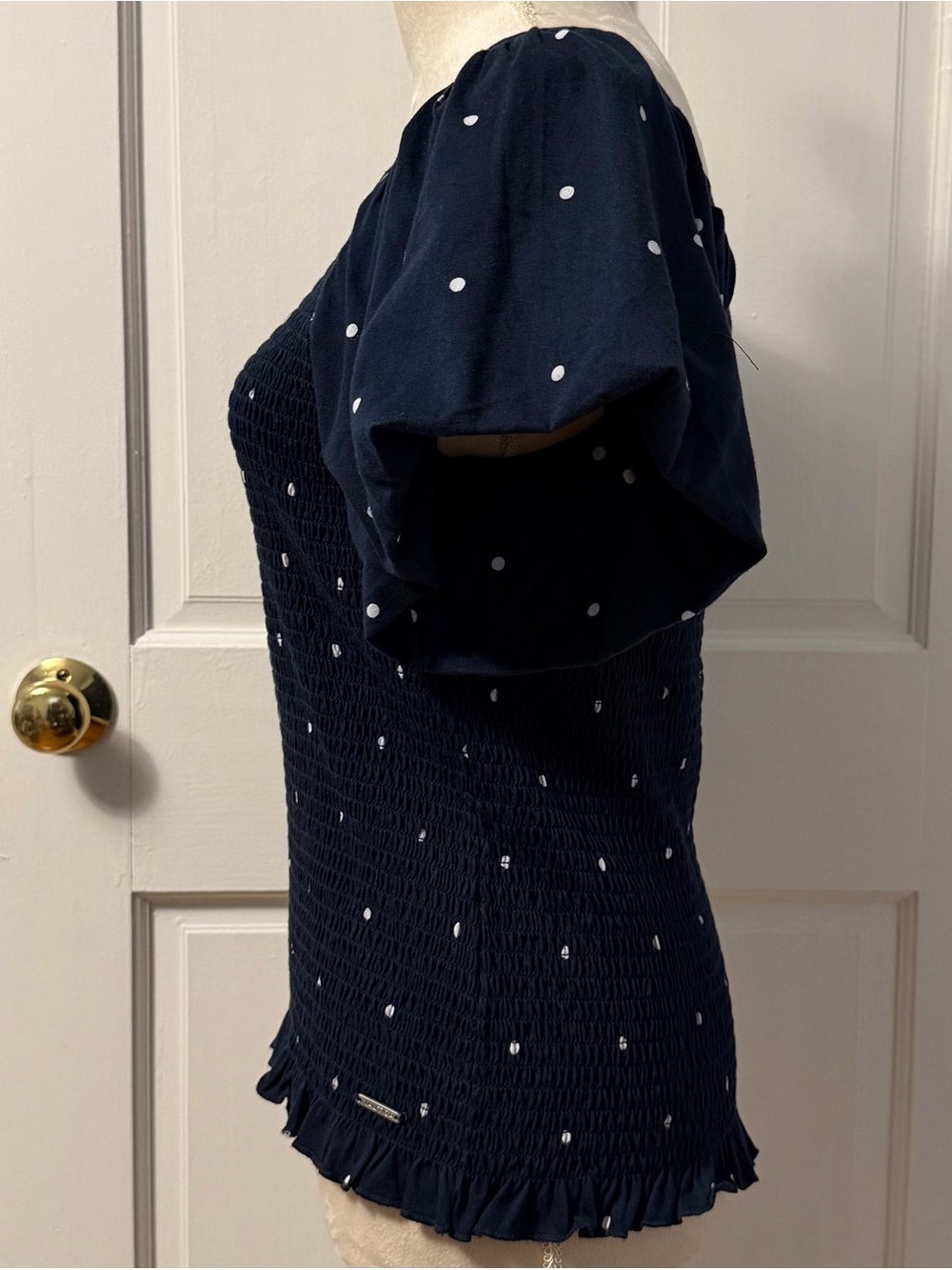 Nautica Women's Navy Blue and White Polka Dot Short Sleeve Smocked Top, Size M - Picture 6 of 9